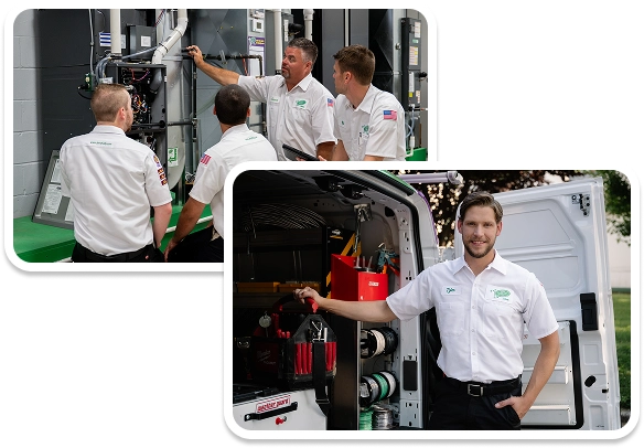 %Title% | Jerry Kelly Heating, Air Conditioning, Plumbing, &Amp; Electrical Two images: One shows three technicians receiving instruction by machinery; the other shows a technician standing by an open service van stocked with tools and supplies.