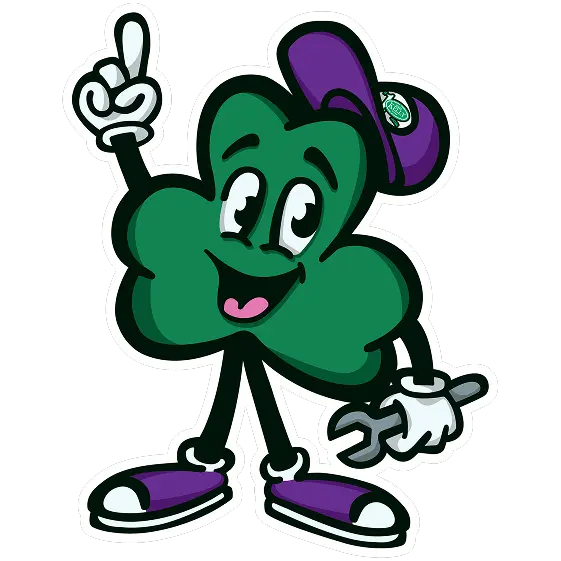 %Title% | Jerry Kelly Heating, Air Conditioning, Plumbing, &Amp; Electrical A cartoon four-leaf clover with a hat, gloves, and sneakers holds a wrench in one hand and points upward with the other, smiling.