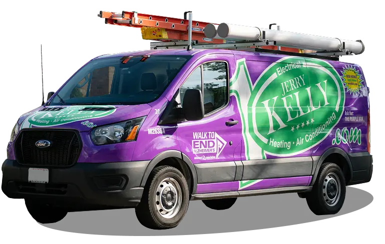 %Title% | Jerry Kelly Heating, Air Conditioning, Plumbing, &Amp; Electrical Purple Jerry Kelly service van with company branding, ladders on the roof, and text for heating, air conditioning, and electrical services.
